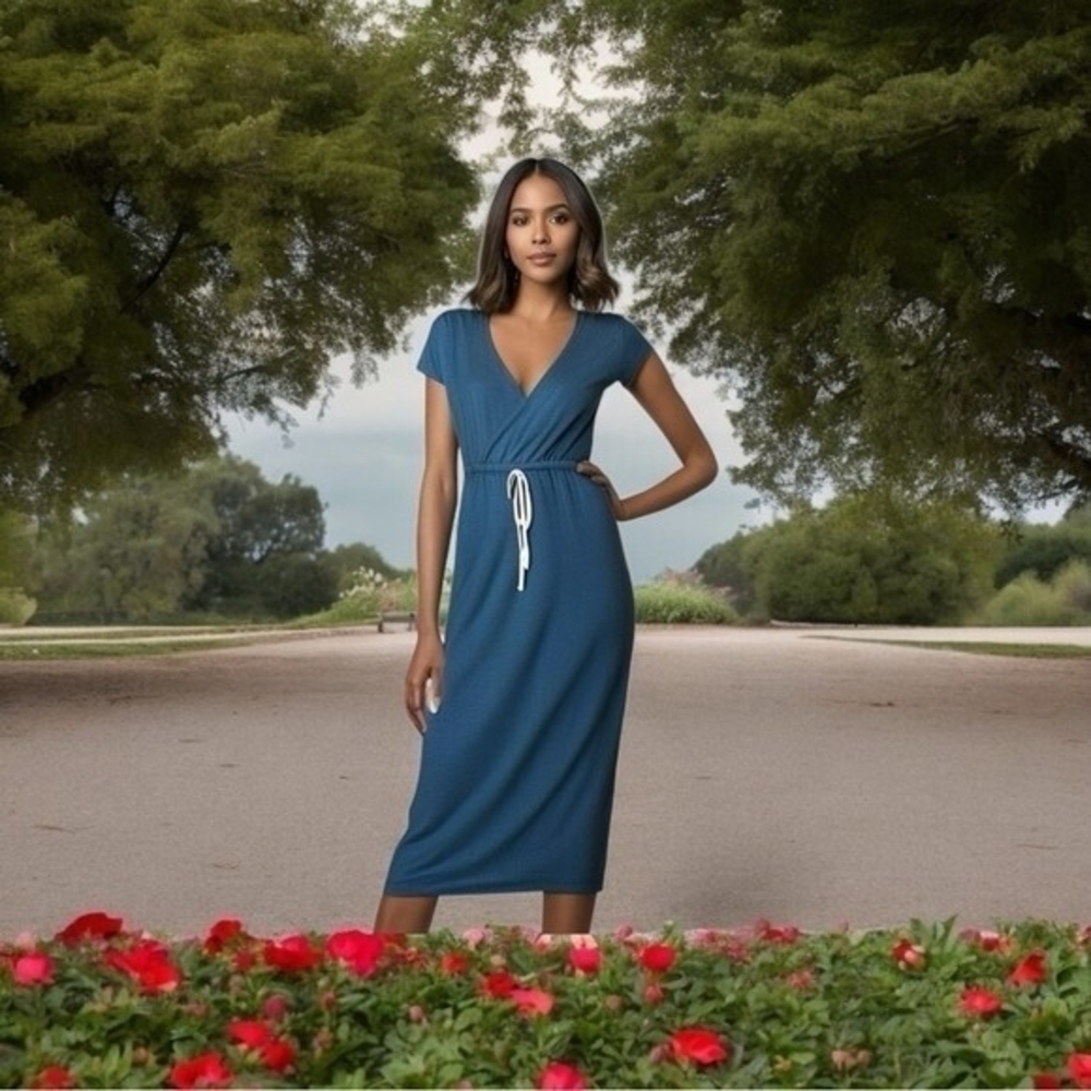Sarin Mathews Women's Blue Cotton V-Neck Maxi Dress L Short Sleeve Beach NWT